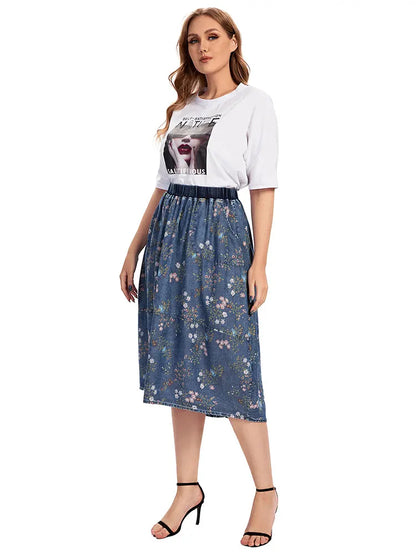 Sizes to 5XL Casual Denim Skirt High Waist ALine Knee Length Blue Vintage Gathered at Waist
