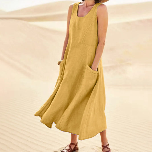 Going Fast! 15 Colors in Sizes to 5XL!  Vintage Boho Cotton Linen, Solid Colors, Sleeveless, Pockets, Loose Tank Dress