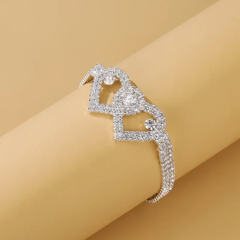 Double Heart Anklet with Crystal Cubic Zirconia Chain, Ankle Bracelet, Foot Jewelry