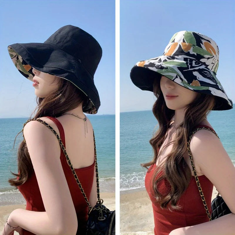 Bohemian Reversible Bucket Hat - Oversized Floral Print Sun