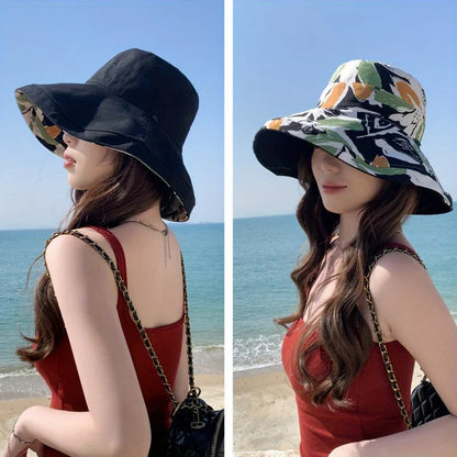 Bohemian Reversible Bucket Hat - Oversized Floral Print Sun