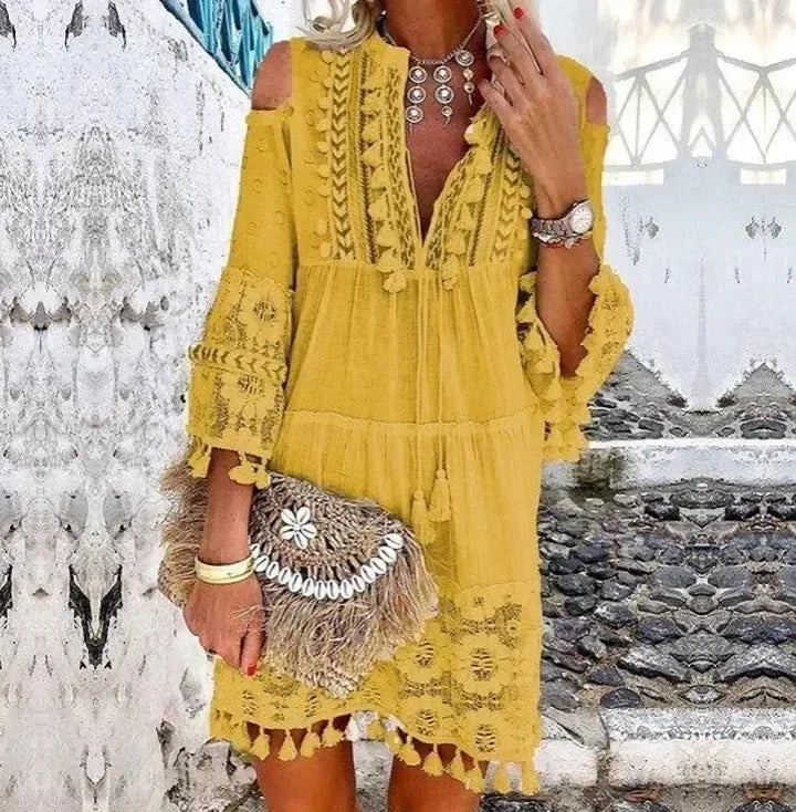 Bohemian Style Sizes to 2XL, White or Yellow, Long, Loose, Lace with Deep V-Neck and Tassels