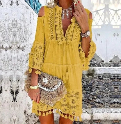 Bohemian Style Sizes to 2XL, White or Yellow, Long, Loose, Lace with Deep V-Neck and Tassels