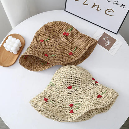 Wide Brim Crocheted Cherry Bucket Hat