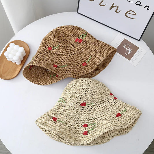 Wide Brim Crocheted Cherry Bucket Hat