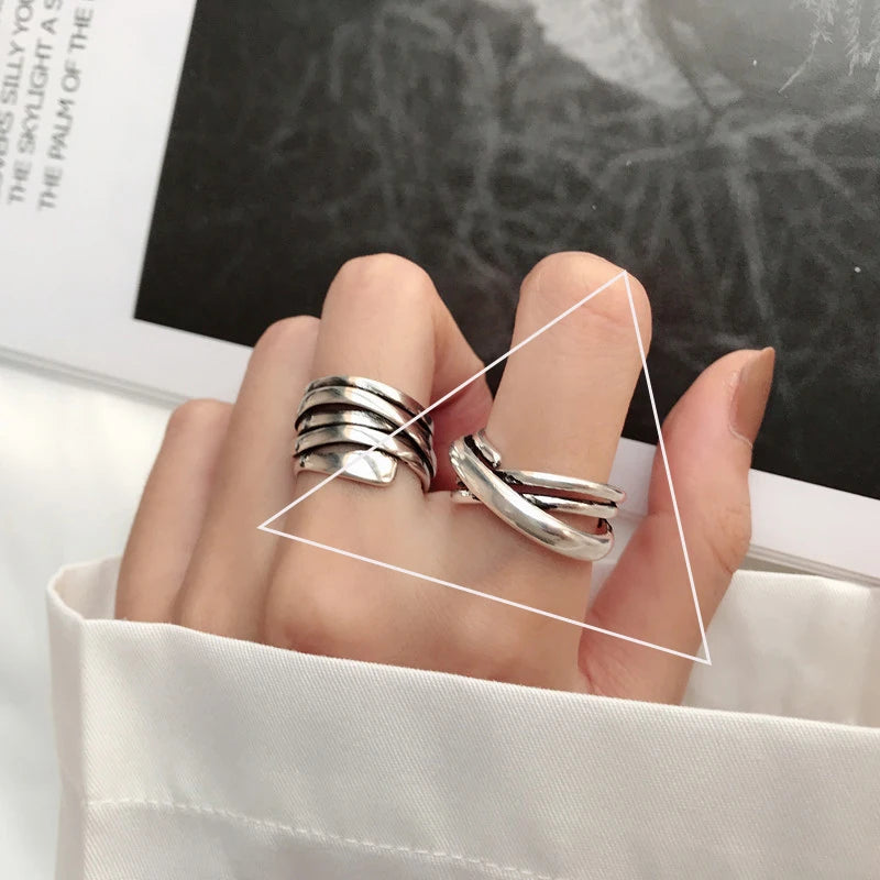 Sterling Silver Rings INS Fashion Vintage Hollow Lines  Adjustable  Jewelry