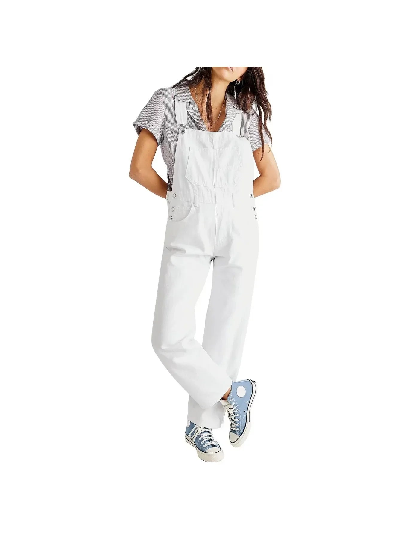Casual Denim Overalls Loose Fit Long Bib Pants in White, Black, Dark and Light Blue
