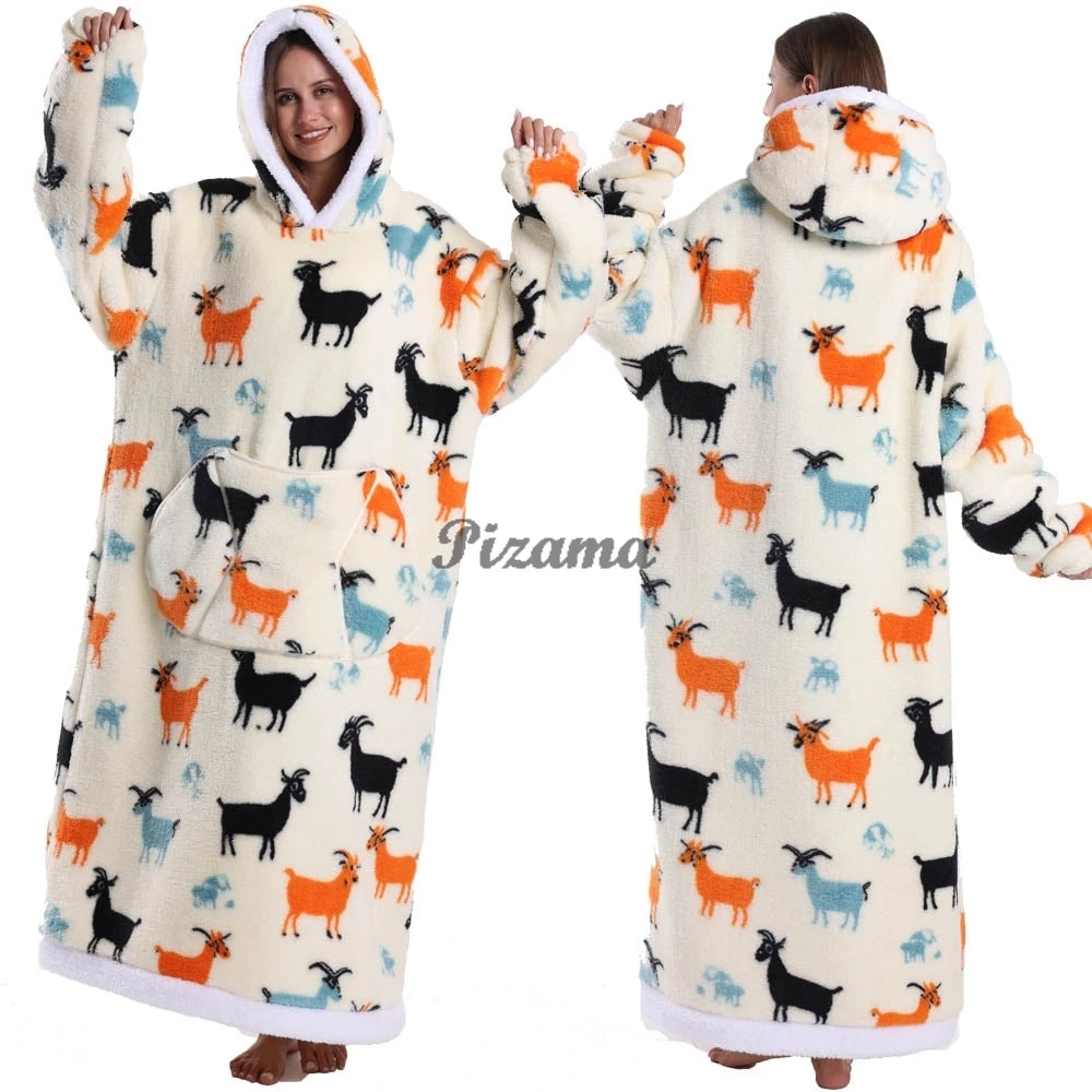 Super Long Flannel Pullover Night Shirt with Pocket and Hood, Super Snuggly for Men and Women, 12 Different Prints