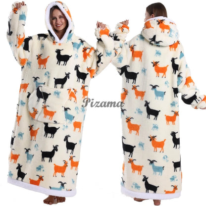Super Long Flannel Pullover Night Shirt with Pocket and Hood, Super Snuggly for Men and Women, 12 Different Prints