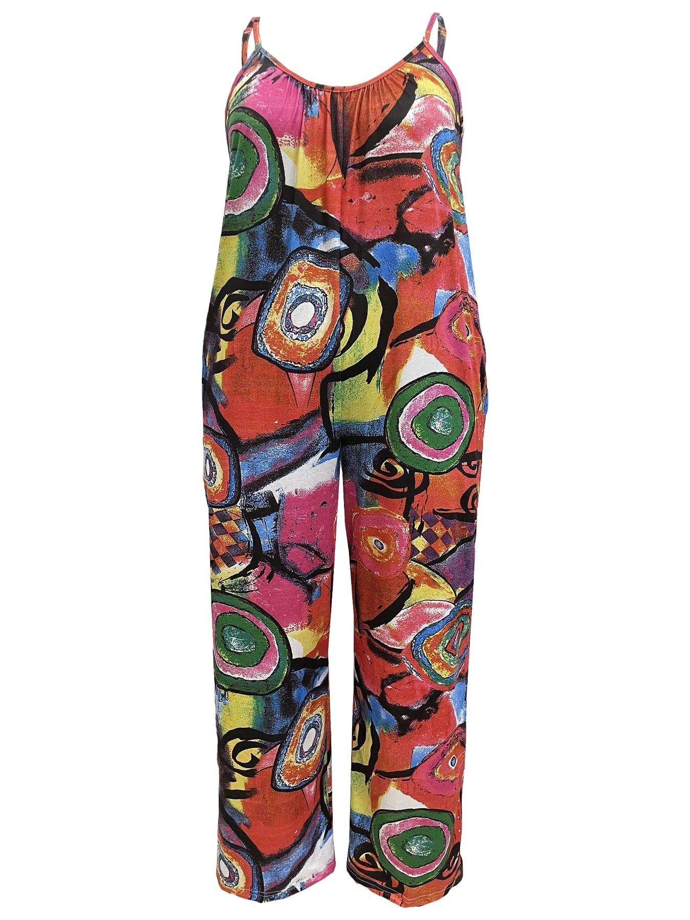 Sizes to 5XL Graffiti Print Jumpsuit Casual Sleeveless Wide Leg With Pockets and Adjustable Spaghetti Straps