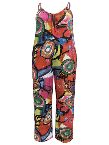 Sizes to 5XL Graffiti Print Jumpsuit Casual Sleeveless Wide Leg With Pockets and Adjustable Spaghetti Straps