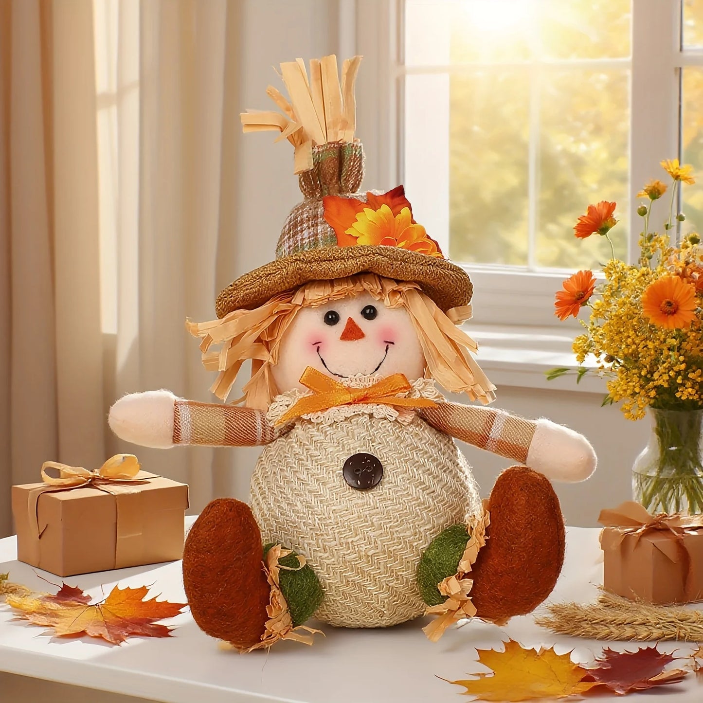 Rustic Autumn Harvest Scarecrow Decor, Plaid & Sunflower Accents for Thanksgiving, Halloween, Farmhouse Wall Decor, Party Props, approx 7 by 4 inches