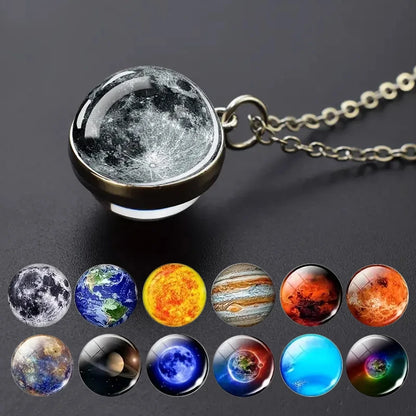 Double-Sided Galaxy Planet Glass Ball Pendant Necklace Sun Earth Moon Mars Galaxy Necklaces