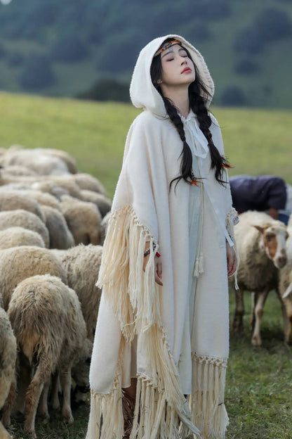 Boho Tassels Handmade Knitted Capes Thick Warm Ethnic Cloak Poncho (Red and Off White)