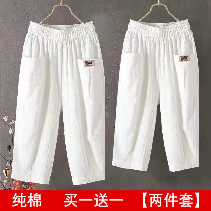 Cotton Linen Cropped 3/4 Length Pants, Loose, Linen with Elastic Waist and Pockets