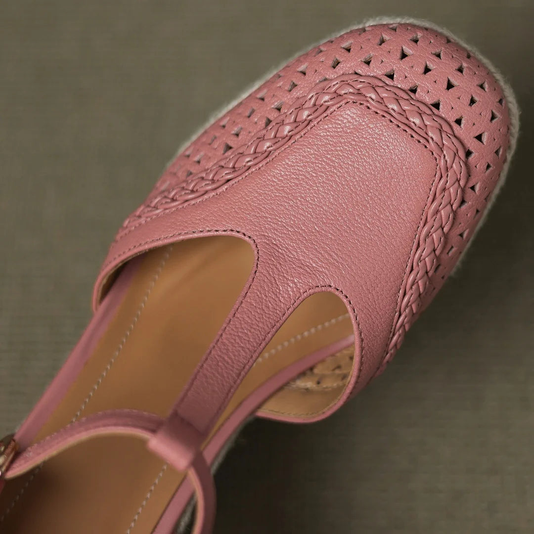 Genuine leather Boho Narrow t-strap Hemp wedge Platform sandals Square toe