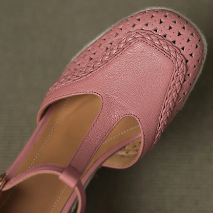 Genuine leather Boho Narrow t-strap Hemp wedge Platform sandals Square toe