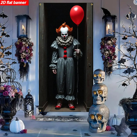 Joker Pennywise Door Cover, 71 by 35 inch banner and balloon arch decoration -2D horror movie themed door decoration