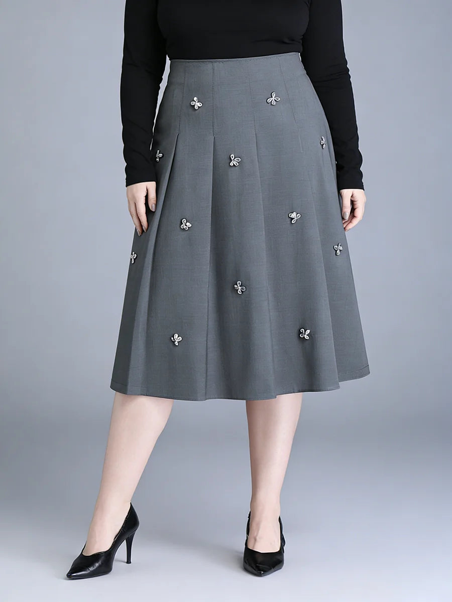 Plus Size to 5XL High Waist, Button, Pleated A-Line Bottoms Stretchy Midi Skirt