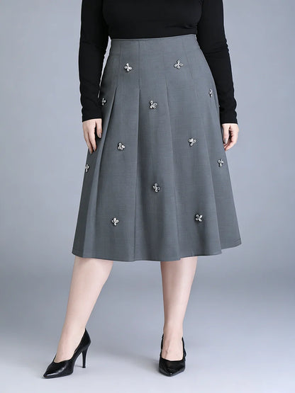 Plus Size to 5XL High Waist, Button, Pleated A-Line Bottoms Stretchy Midi Skirt