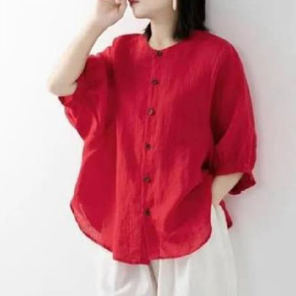 Sizes to 4XL, Cotton-linen blend shirt solid colors with lantern sleeves stand collar loose large size shirt. Variety of colors