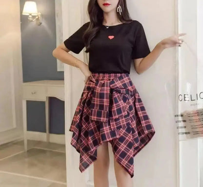 Sporty Street Style with Ruffle and Bow Tie Asymmetrical Hankie Hemline Elastic Waist, Plaid Patterned Skirt--Sizes 58 Centimeter Waist