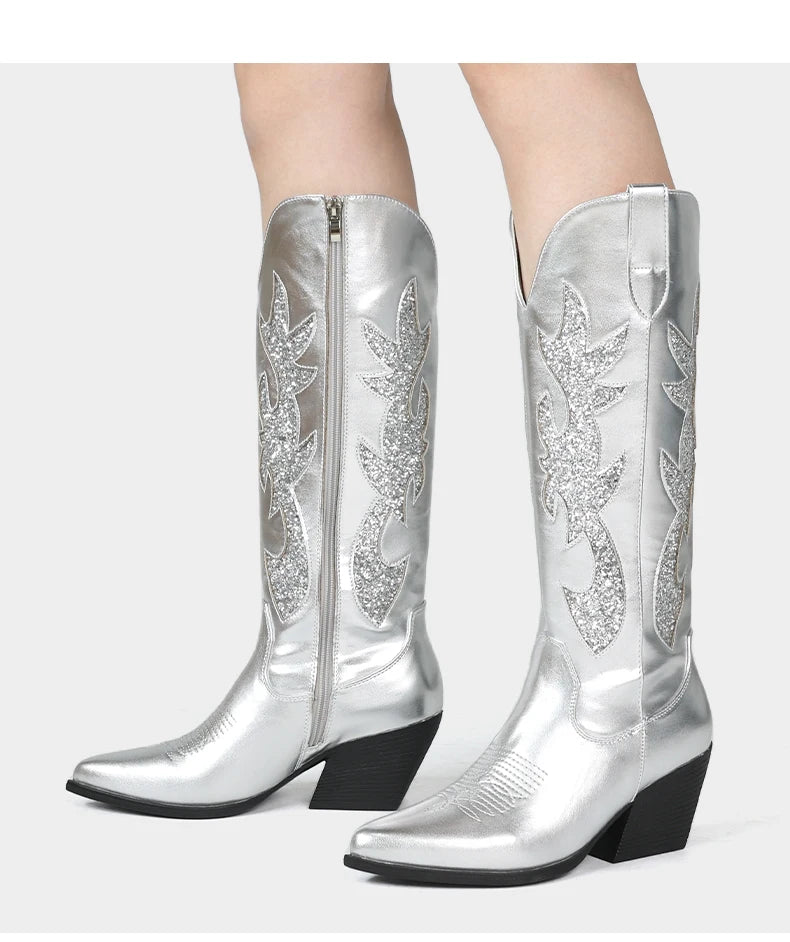 Embroidered Western Cowgirl Boots, Pointed Toe, Thick Heel,  Knee High Boots