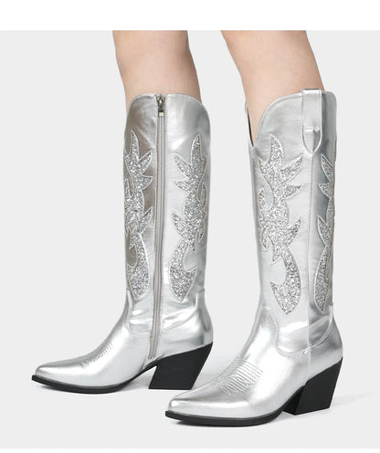 Embroidered Western Cowgirl Boots, Pointed Toe, Thick Heel,  Knee High Boots