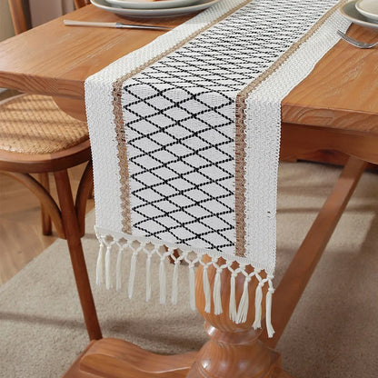 Boho Table Runner Farmhouse Burlap Cotton Table Runner with Woven Macrame Tassels. Various Sizes and Colors