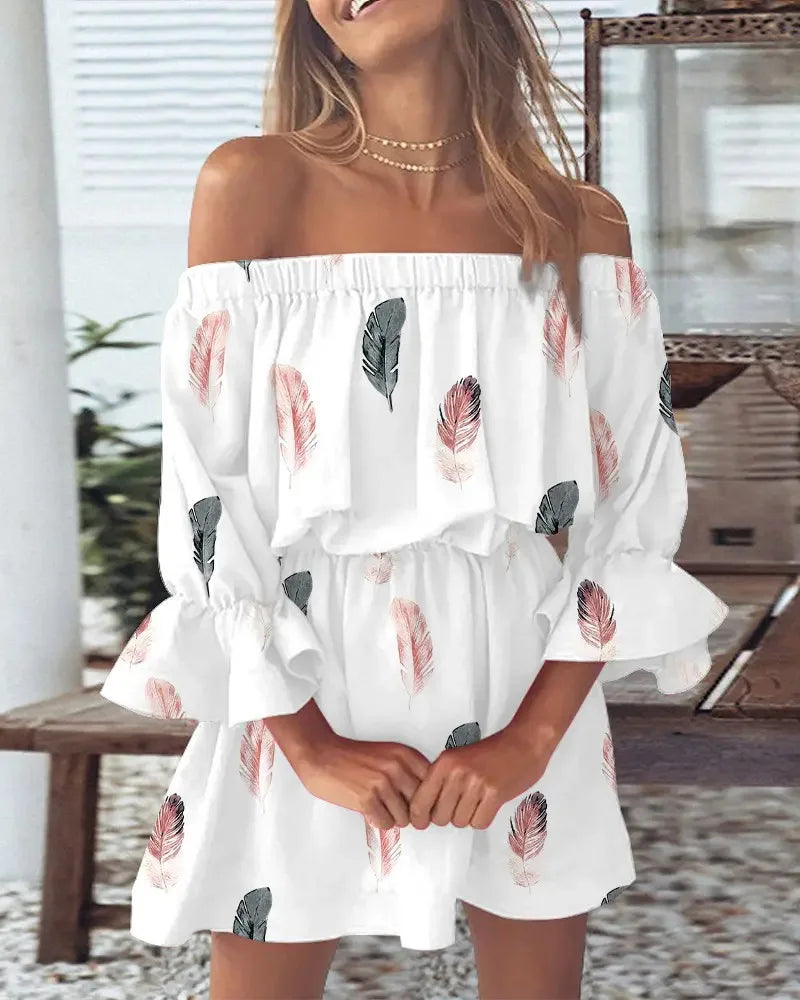 Sizes to 2XL Bohemian Off-Shoulder Floral & Leaf Print Mini Dress with Ruffled Hem and Bell Sleeves 5 Patterns