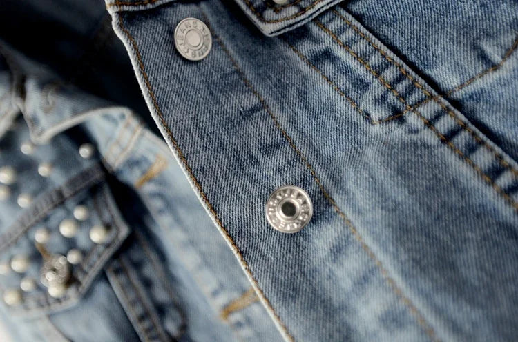 To Sizes 5XL Versatile Pearl Cropped Denim Jacket Loose Fit