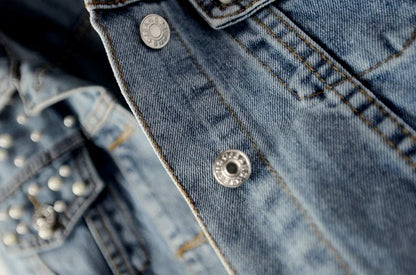 To Sizes 5XL Versatile Pearl Cropped Denim Jacket Loose Fit