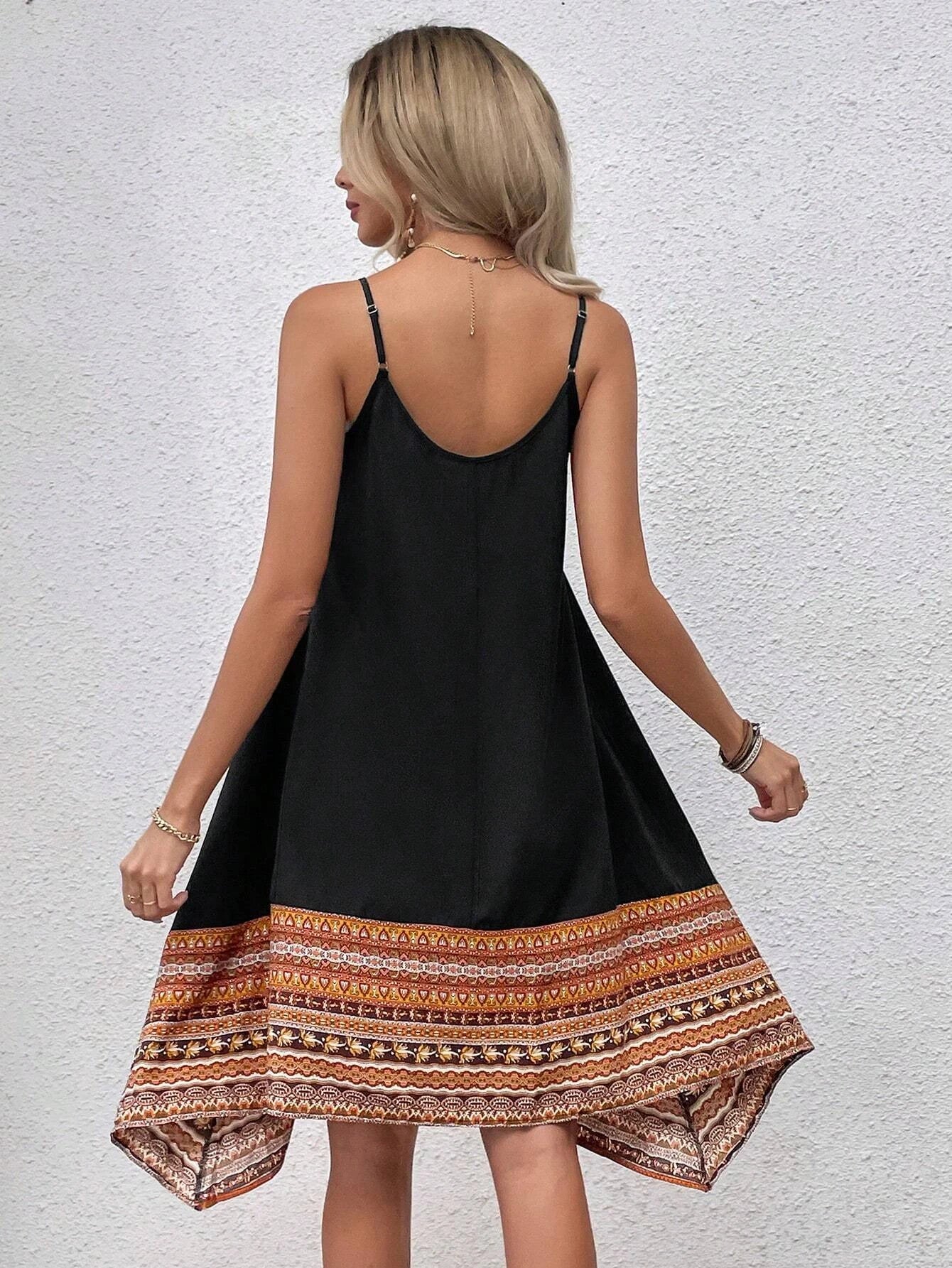 Boho Cami Dress, Casual Adjustable Spaghetti Straps