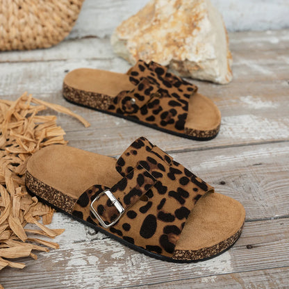 Open-Toe Sandals, Brown Cork Sole Sandals, Leopard Print Slides with Adjustable Buckle Straps
