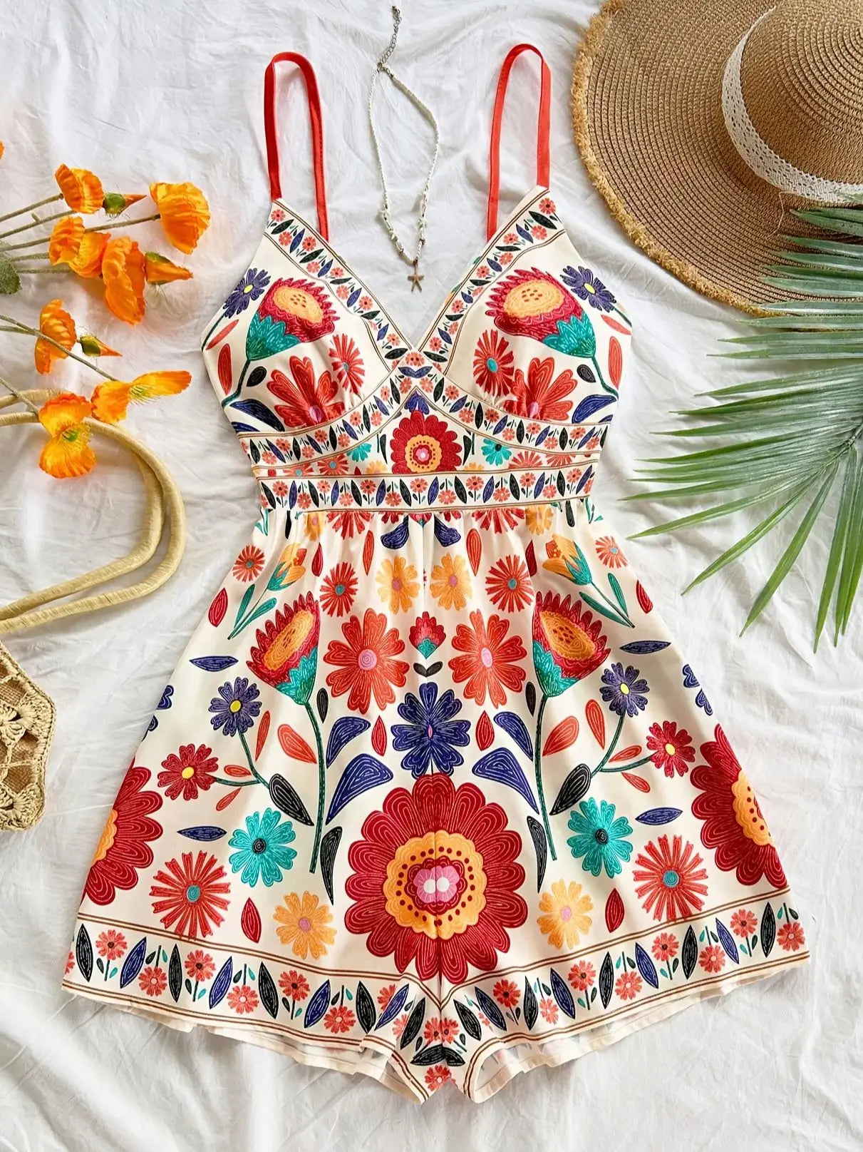 Bohemian Printed Jumpsuit, Fitted top with Elastic Back and spaghetti straps, High Waisted, Loose Bottoms