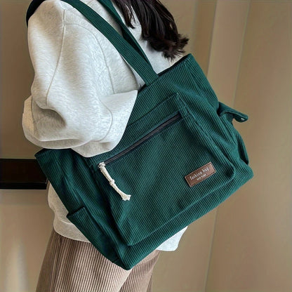 Simple Corduroy Tote Bag, Solid Color Shoulder Bag, Retro Multi Pockets