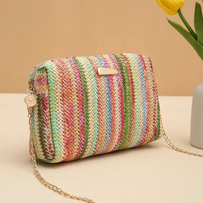 Small Rattan Knit Flap Bag with cross shoulder chain 6 colors