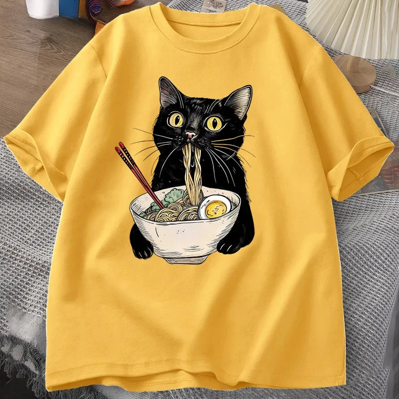Sizes to 3XL T Shirts Black Cat Ramen Noodle T-Shirts Retro Casual Short Sleeve