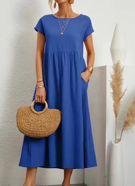 Sizes to 3XL, Simple Cotton Dress in 14 Colors, Bohemian Midi Skirt, Vintage Boat-Neck, Pockets