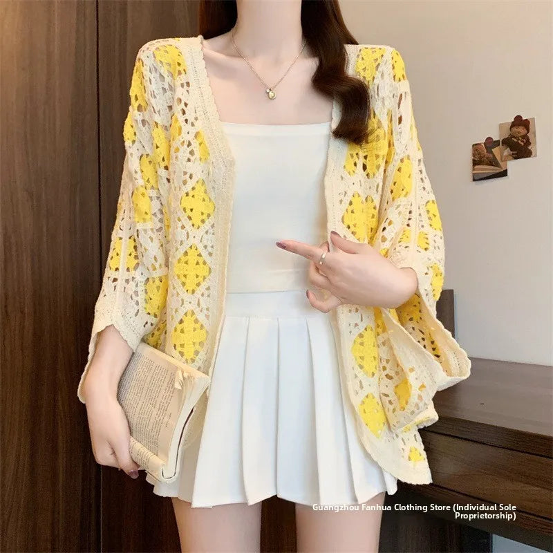 Bohemian Style Hollowed-out Long Sleeve Light Weight Sweater with V Neck and Batwing Sleeves