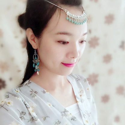 Retro Ethnic Blue Turquoise Bead Tassel Necklace Simple and Versatile Collarbone Chain Tibetan Jewelry