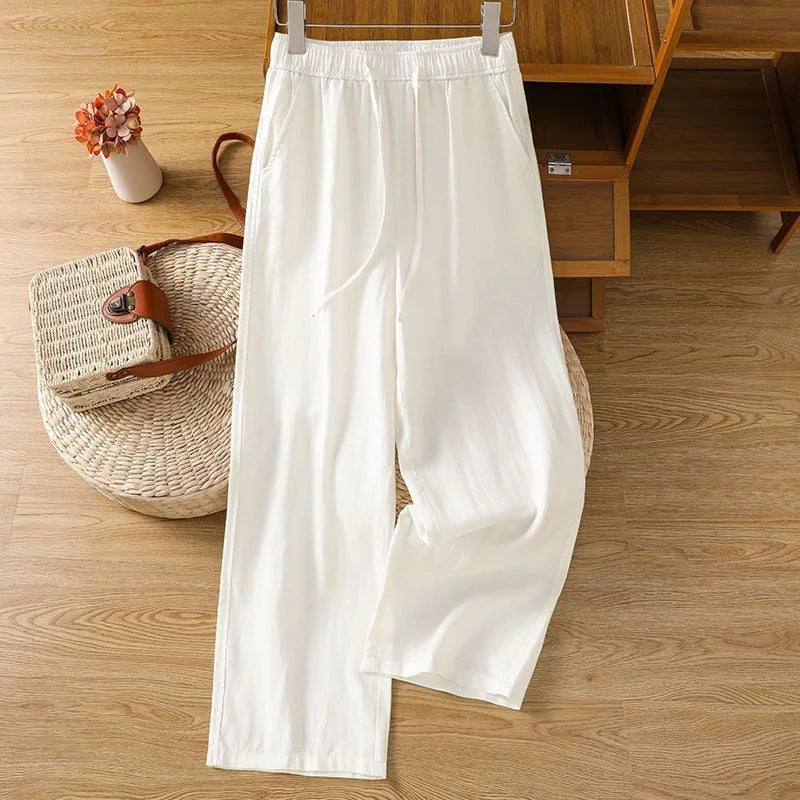 Up to 4XL in Navy, Wheat, White, and Black Wide Leg Pants.  Cotton with Elastic and Tie Waist.