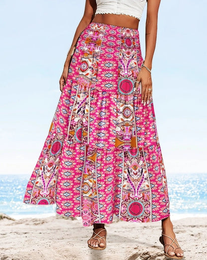 Boho Floral Print Tiered Maxi Skirt High Waist Smocked Long Skirt
