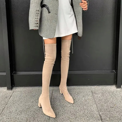 Sexy High Boots Over The Knee, Warm Boots, Suede Back Zipper, Square Heel