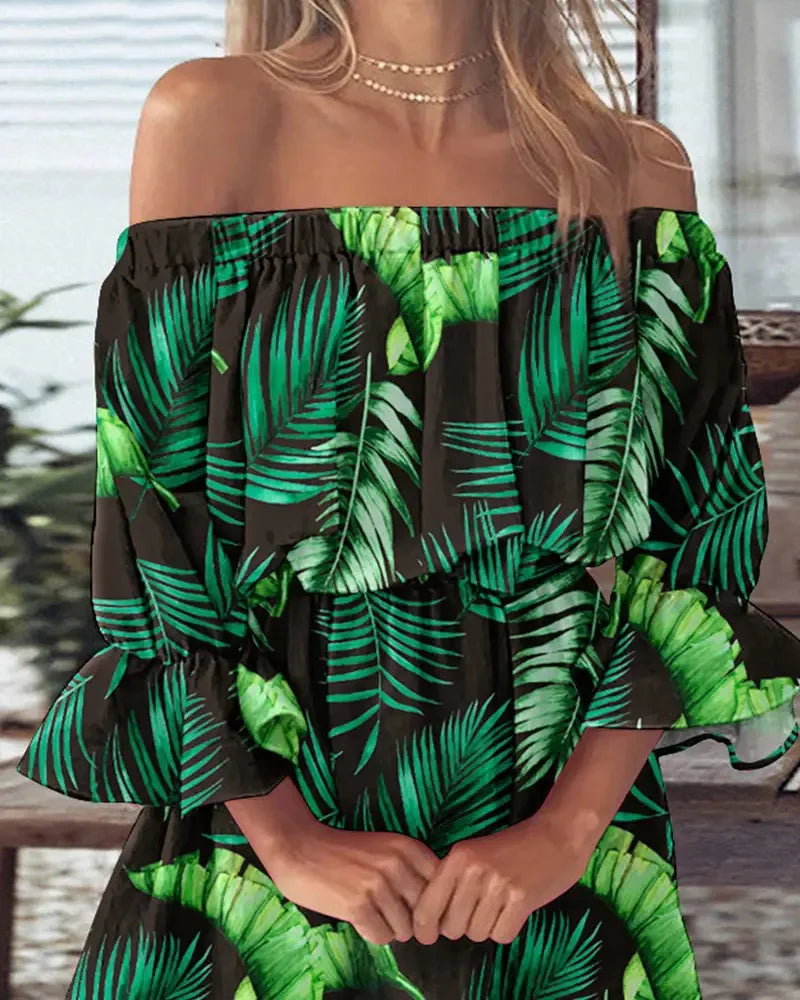 Sizes to 2XL Bohemian Off-Shoulder Floral & Leaf Print Mini Dress with Ruffled Hem and Bell Sleeves 5 Patterns