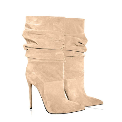 Women Beige Suede Slouch Pointed Toe Stiletto Ankle Boots in Multi-colors: Red, Hot Pink, Grey, Black, Green, Brown, and Purple