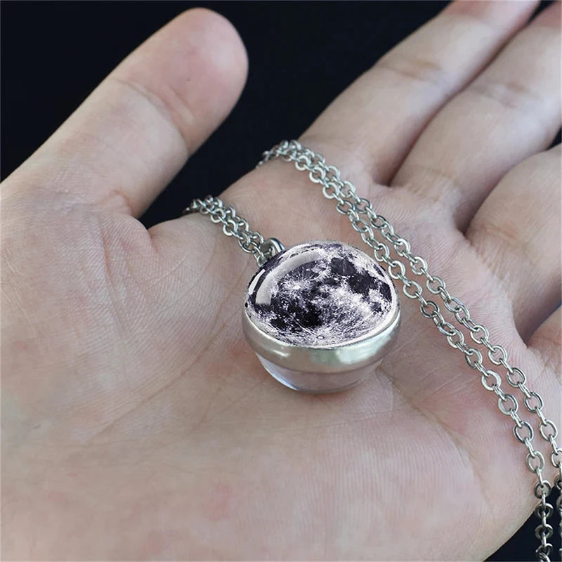 Double-Sided Galaxy Planet Glass Ball Pendant Necklace Sun Earth Moon Mars Galaxy Necklaces