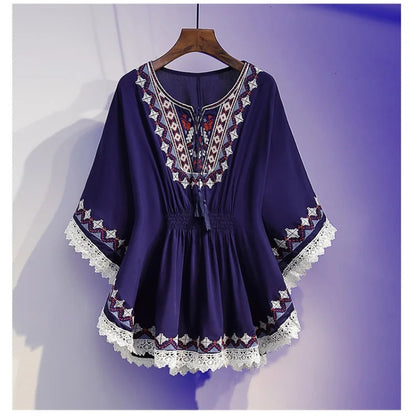 Retro Boho Style Embroidery Blouses Loose Cotton with Lace Hem Batwing sleeves