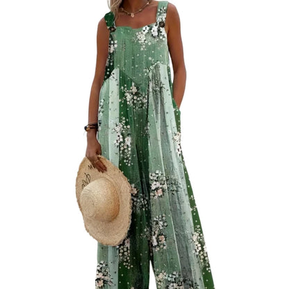 Sizes to 5XL-5XL. Floral Print Suspender Overalls, Loose Wide-Leg Jumpsuit