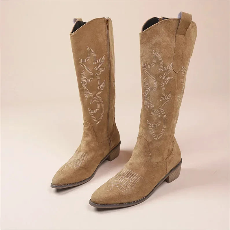 Embroidered Western Cowgirl Knee Boots with Pointed Toes and Thick Heels, High Knee Boots, PU Leather in Light and Medium Brown, Beige, and Pink